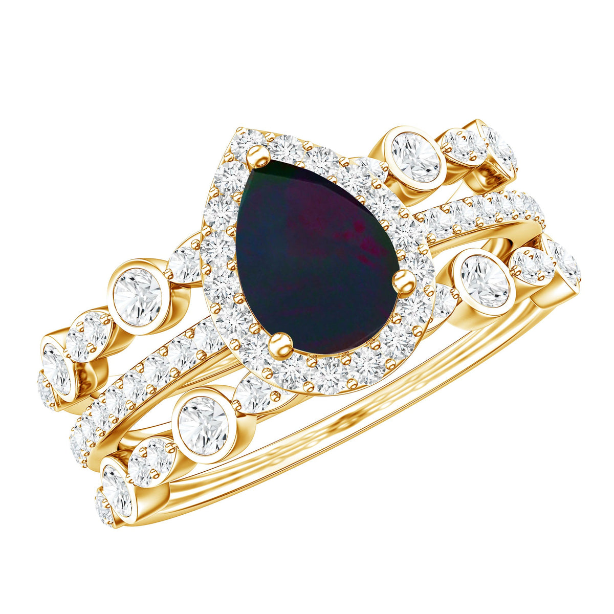 0.7 Carat Pear Cut Black Opal Trio Wedding Ring Set with Moissanite
