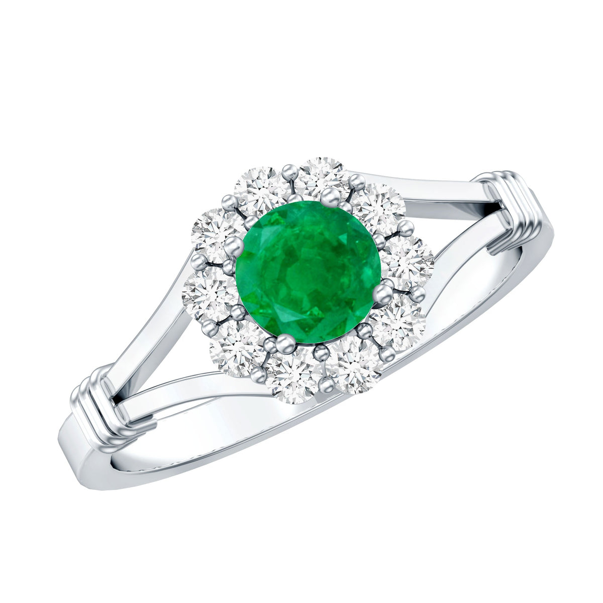 Emerald Nature Inspired Engagement Ring with Diamond Halo