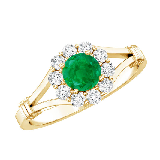 Emerald Nature Inspired Engagement Ring with Diamond Halo