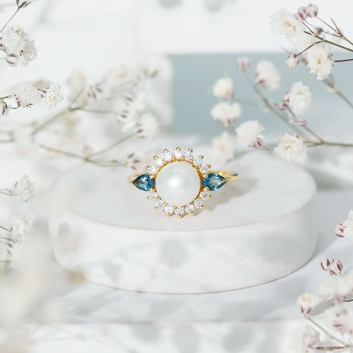 8MM Freshwater Cultured Pearl Designer Engagement Ring with Blue Topaz