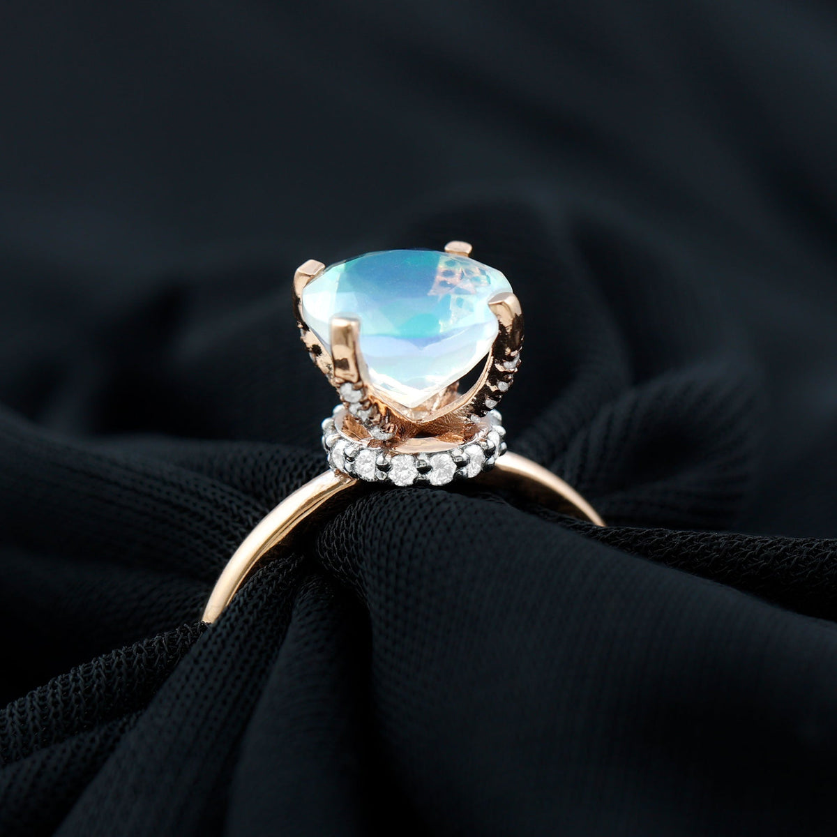 2 Carat Genuine Opal Hidden Halo Engagement Ring with Diamond