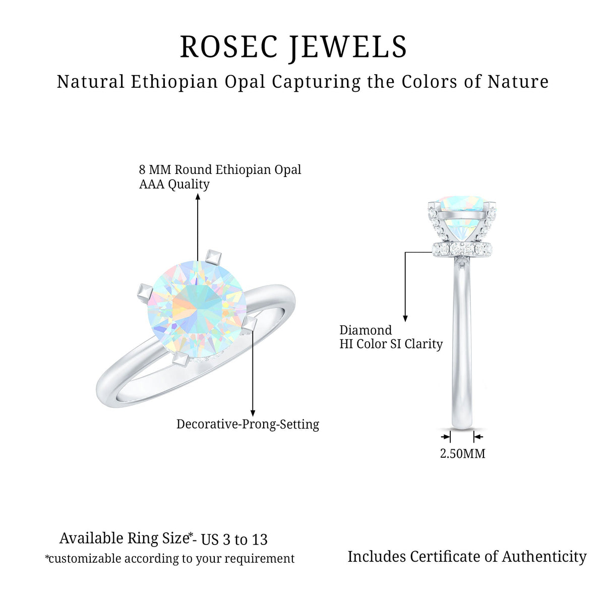 2 Carat Genuine Opal Hidden Halo Engagement Ring with Diamond