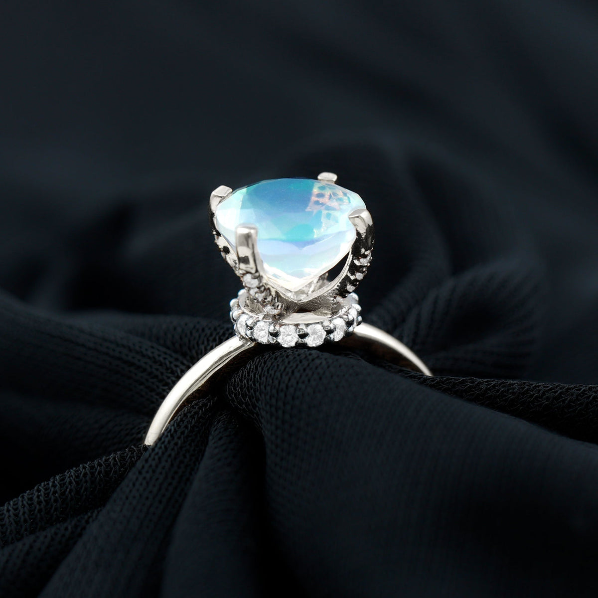 2 Carat Genuine Opal Hidden Halo Engagement Ring with Diamond
