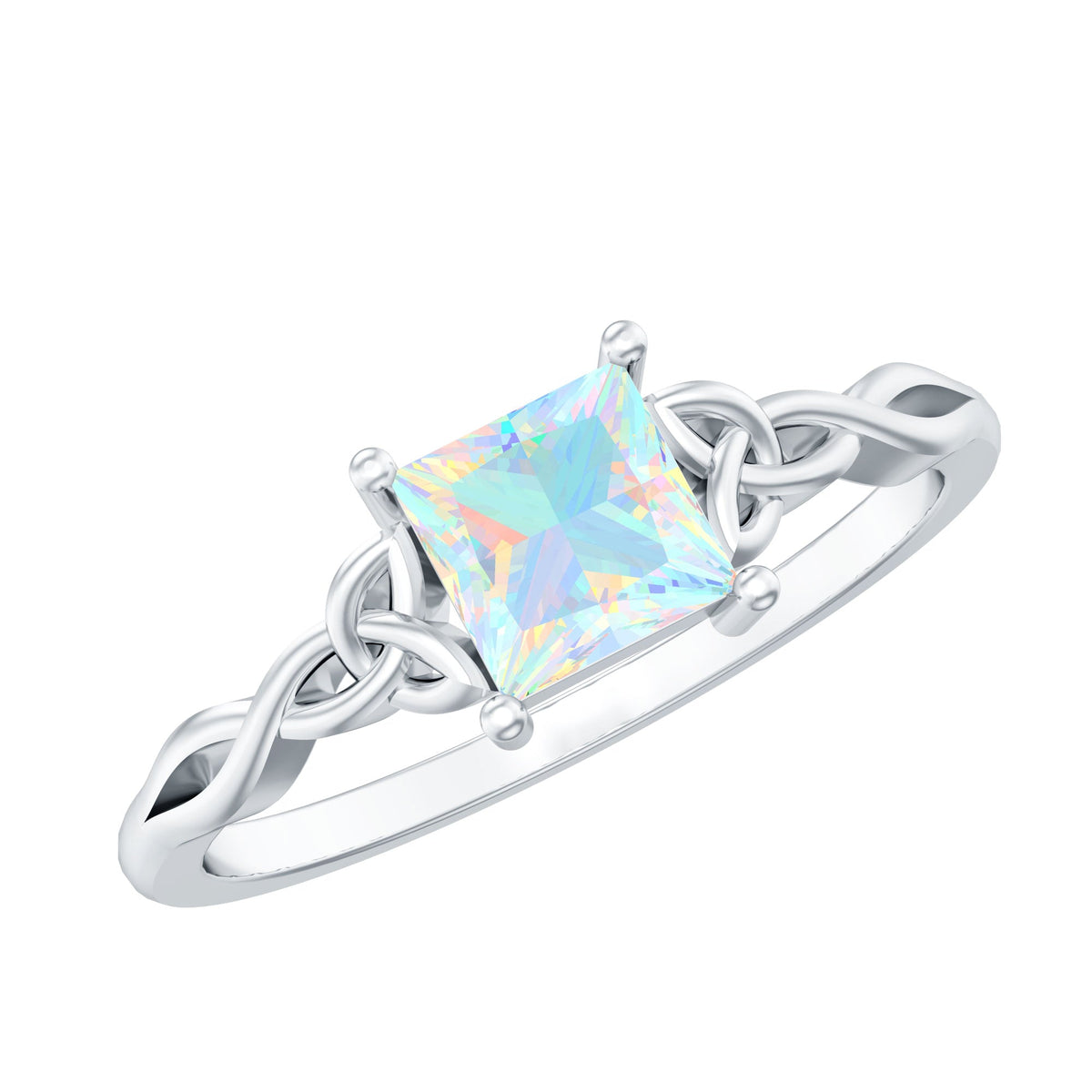 Genuine Princess Cut Ethiopian Opal Promise Ring with Celtic Knot