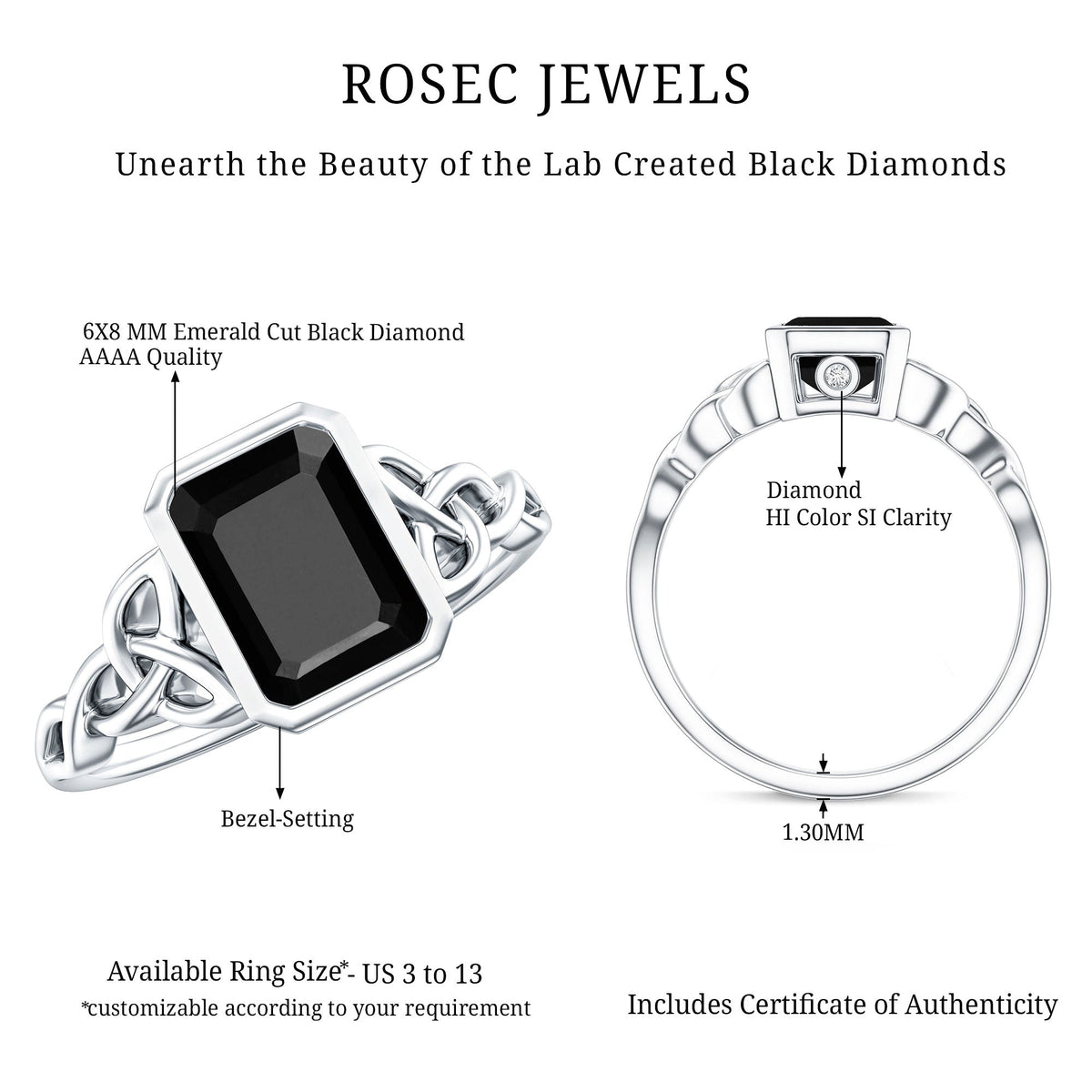 1.6 Carat Lab Grown Black Diamond Celtic Knot Engagement Ring with Surprise White Diamond
