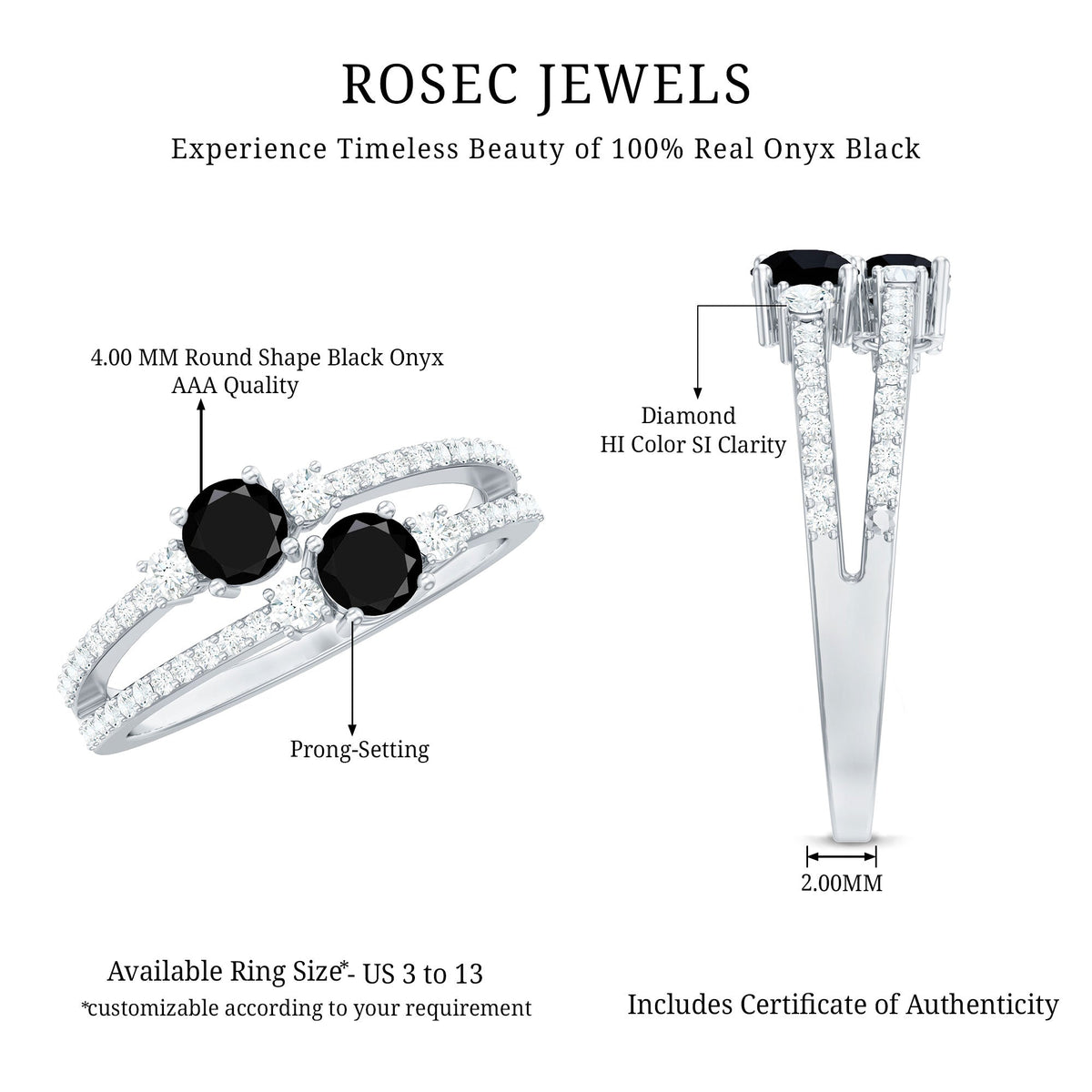 1 Carat Black Onyx Two Stone Promise Ring with Diamond Accent