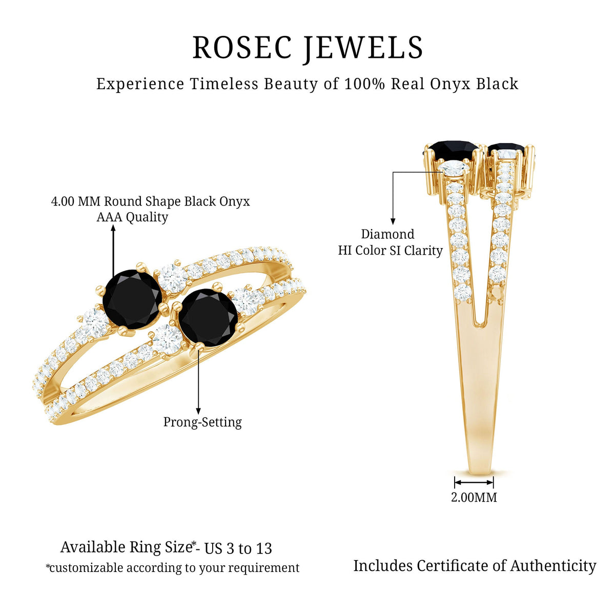 1 Carat Black Onyx Two Stone Promise Ring with Diamond Accent