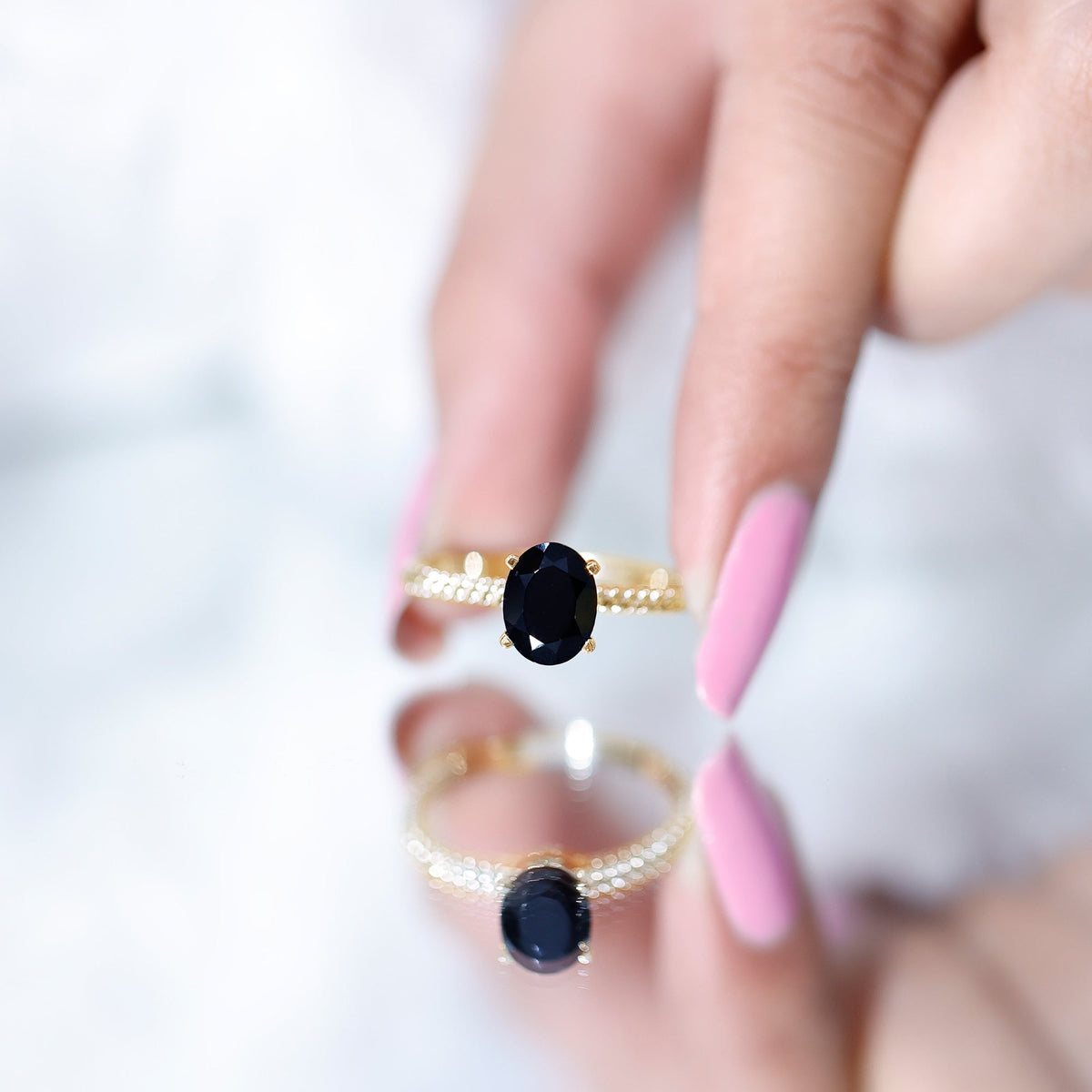 1.7 Carat Oval Cut Black Onyx Solitaire Engagement Ring with Diamond