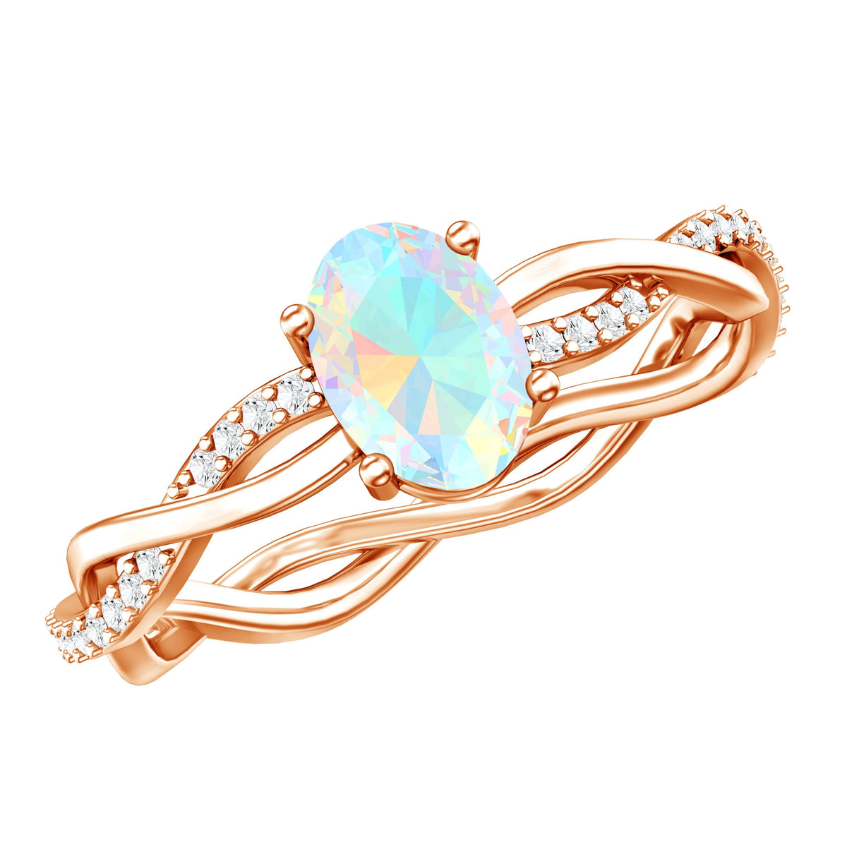 1 Carat Natural Opalescent Oval Engagement Ring with Diamond Braided Shank