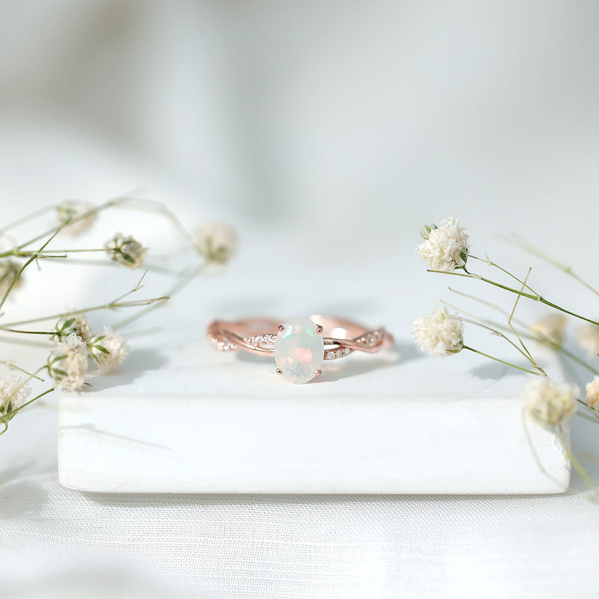 1.2 Carat Natural Opal Oval Engagement Ring with Diamond Braided Shank