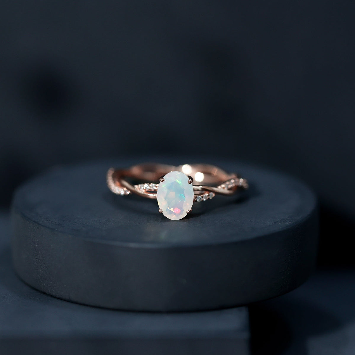 1.2 Carat Natural Opal Oval Engagement Ring with Diamond Braided Shank