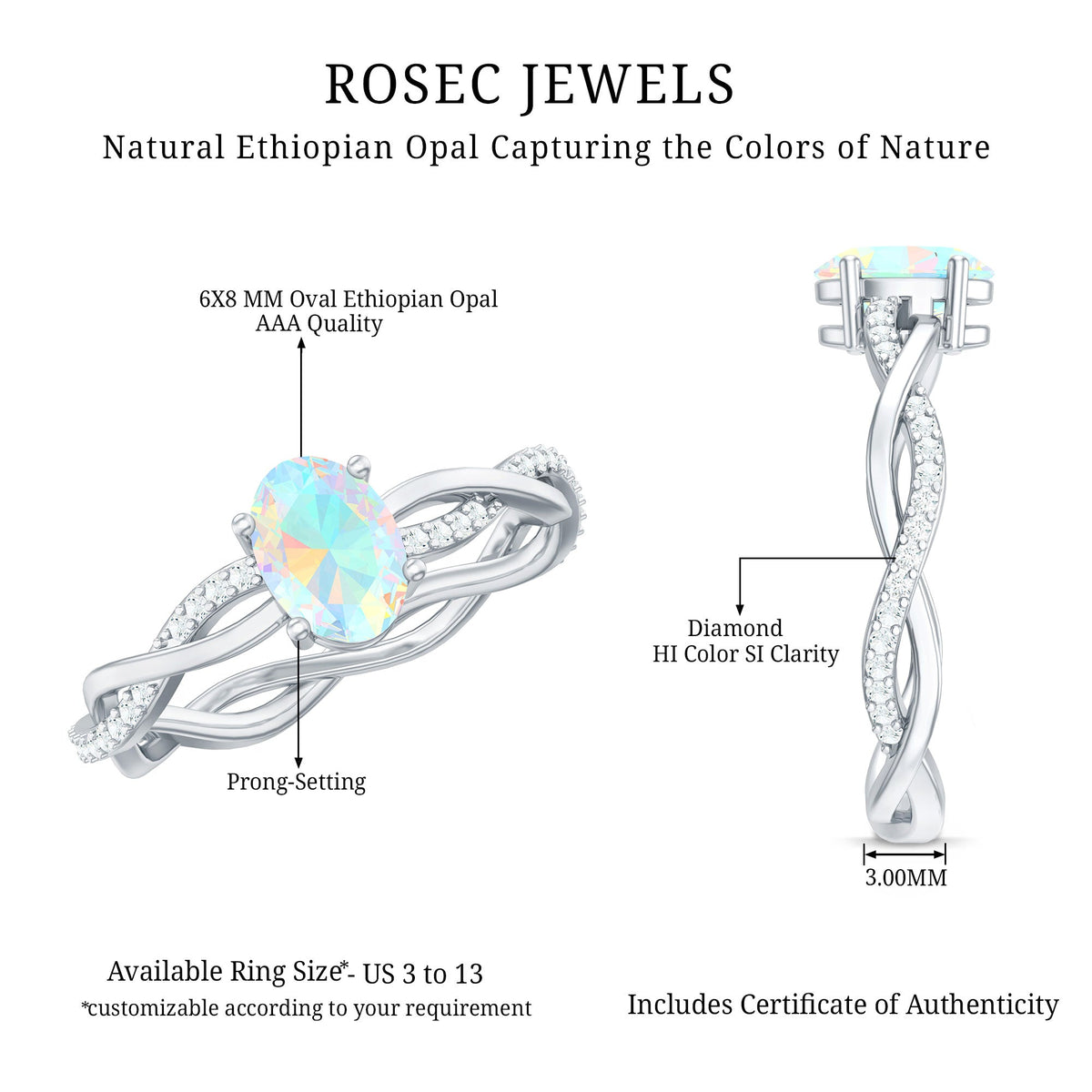 1.2 Carat Natural Opal Oval Engagement Ring with Diamond Braided Shank