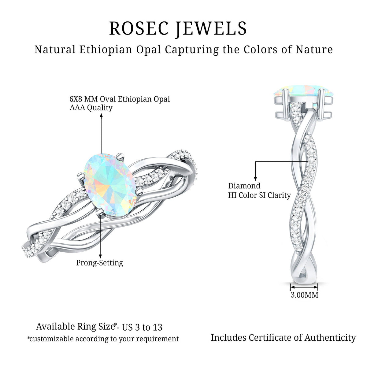 1 Carat Natural Opalescent Oval Engagement Ring with Diamond Braided Shank