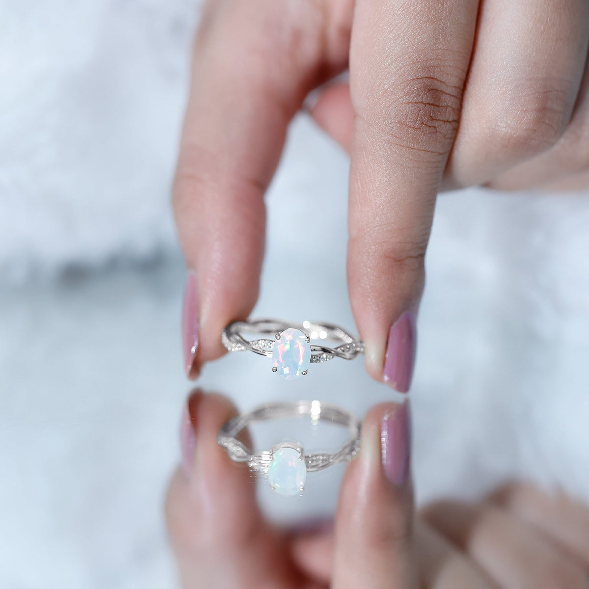 1.2 Carat Natural Opal Oval Engagement Ring with Diamond Braided Shank