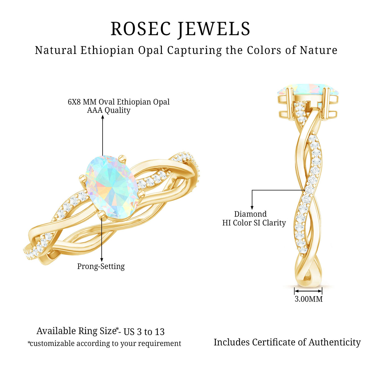 1.2 Carat Natural Opal Oval Engagement Ring with Diamond Braided Shank