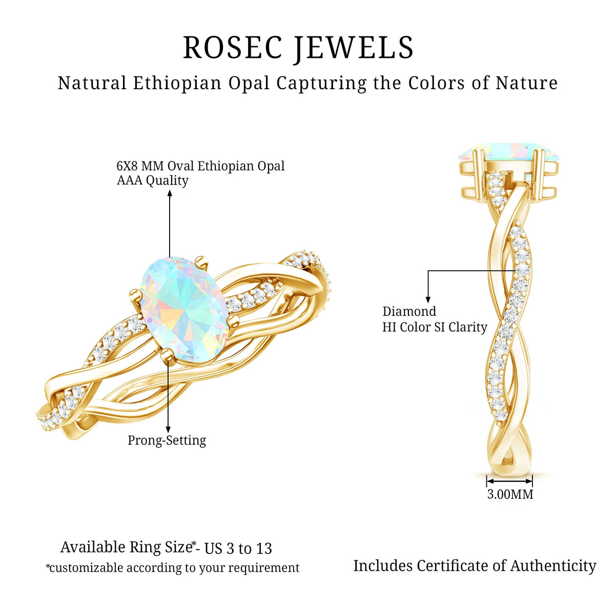 1 Carat Natural Opalescent Oval Engagement Ring with Diamond Braided Shank