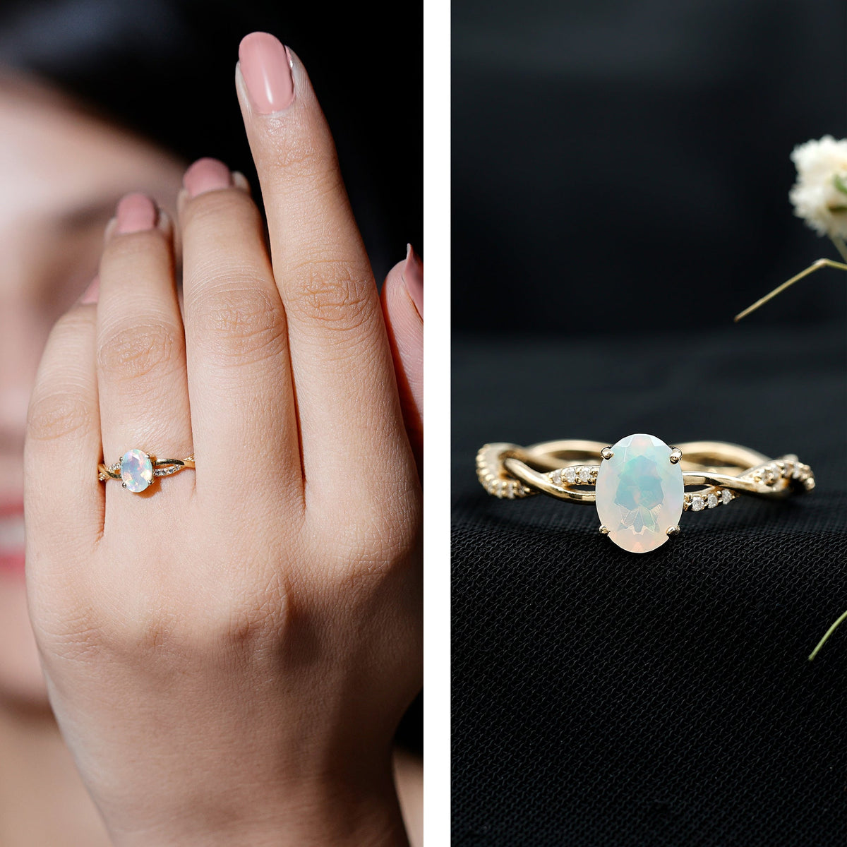 1.2 Carat Natural Opal Oval Engagement Ring with Diamond Braided Shank