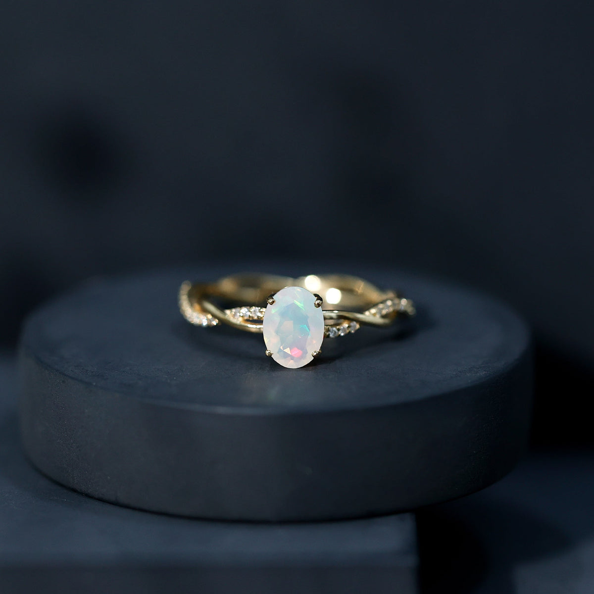 1.2 Carat Natural Opal Oval Engagement Ring with Diamond Braided Shank