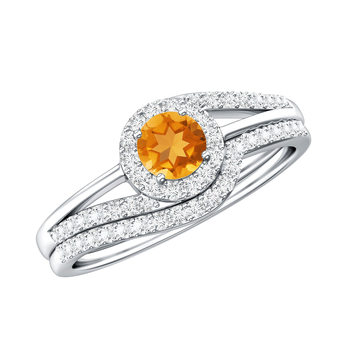 Genuine Citrine Engagement Ring with Diamond Wedding Band