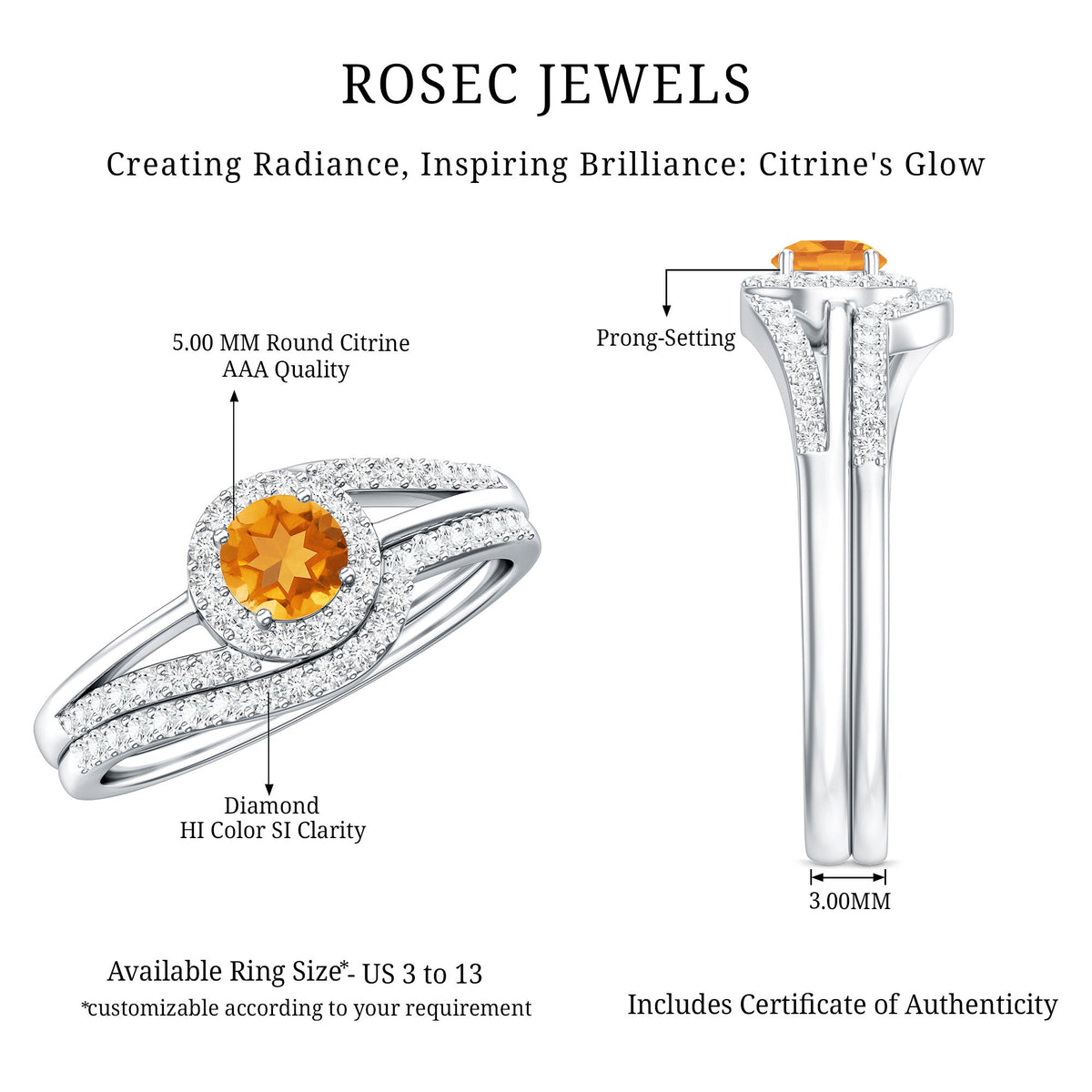 Genuine Citrine Engagement Ring with Diamond Wedding Band