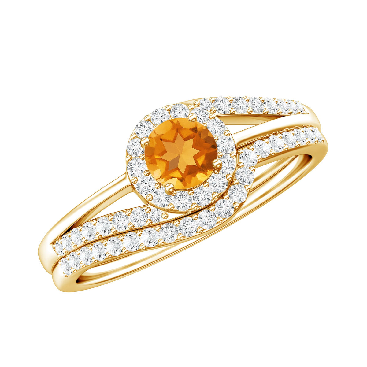 Genuine Citrine Engagement Ring with Diamond Wedding Band
