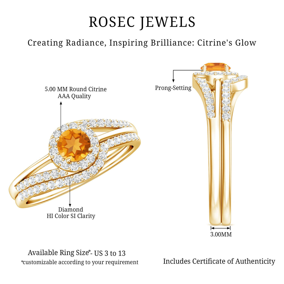 Genuine Citrine Engagement Ring with Diamond Wedding Band