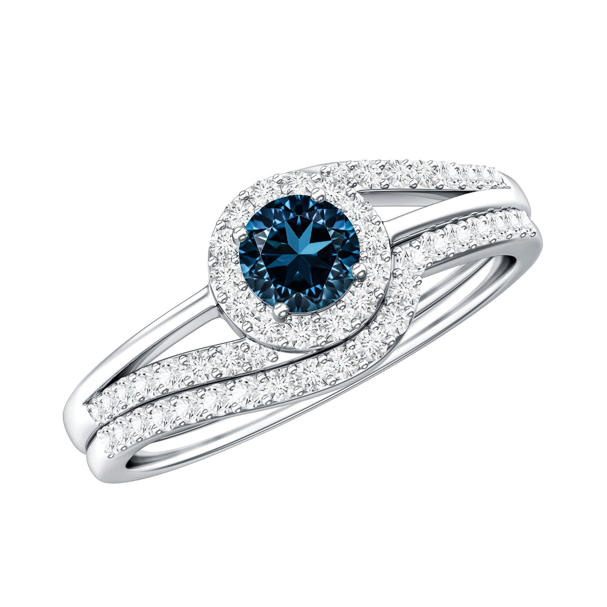 Certified London Blue Topaz and Diamond Halo Wedding Ring Set