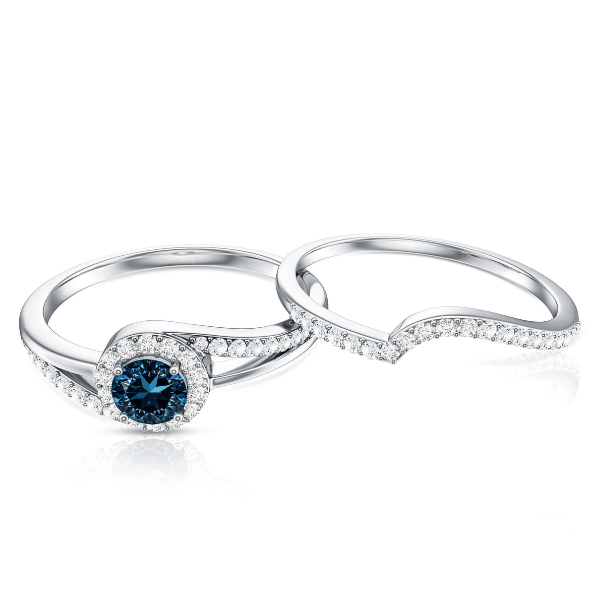 Certified London Blue Topaz and Diamond Halo Wedding Ring Set