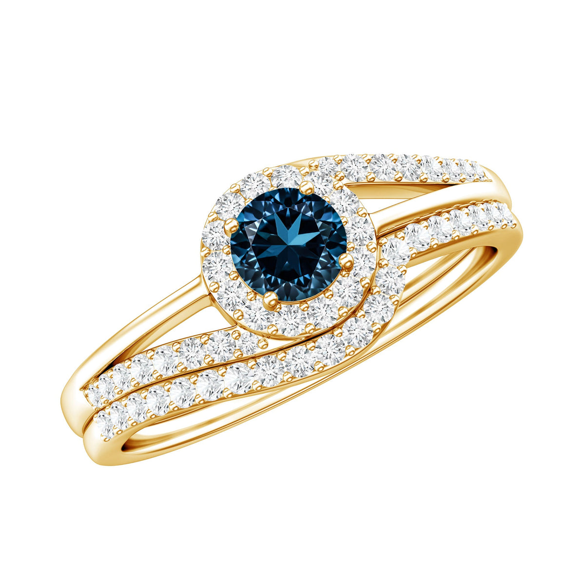 Certified London Blue Topaz and Diamond Halo Wedding Ring Set