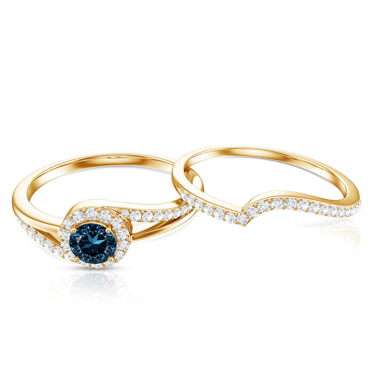 Certified London Blue Topaz and Diamond Halo Wedding Ring Set
