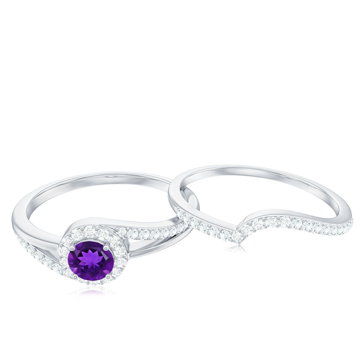 0.4 Carat Natural Amethyst Diamond Wedding Bridal Ring Set of 2