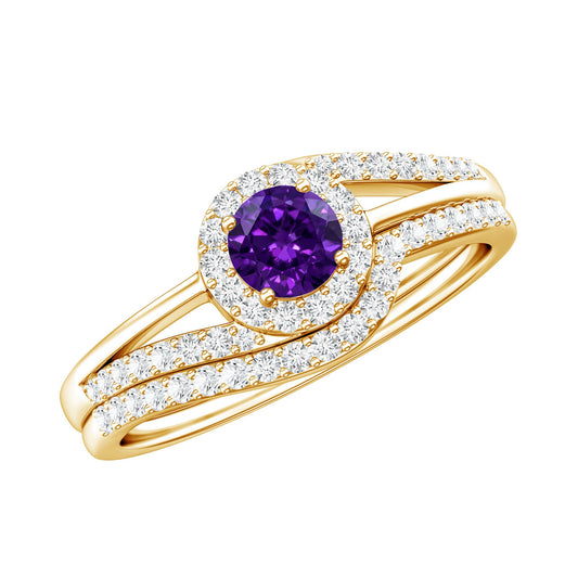 0.4 Carat Natural Amethyst Diamond Wedding Bridal Ring Set of 2