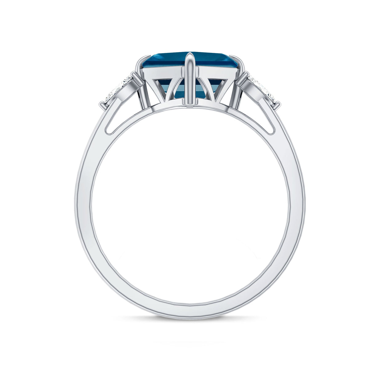 3 Carat Asscher Cut London Blue Topaz Diagonal Solitaire Ring with Marquise Diamond
