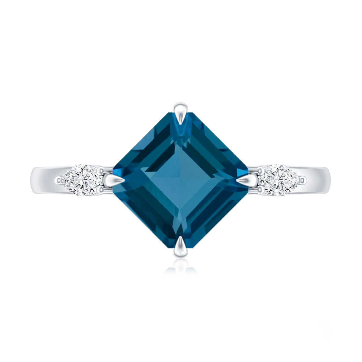 3 Carat Asscher Cut London Blue Topaz Diagonal Solitaire Ring with Marquise Diamond