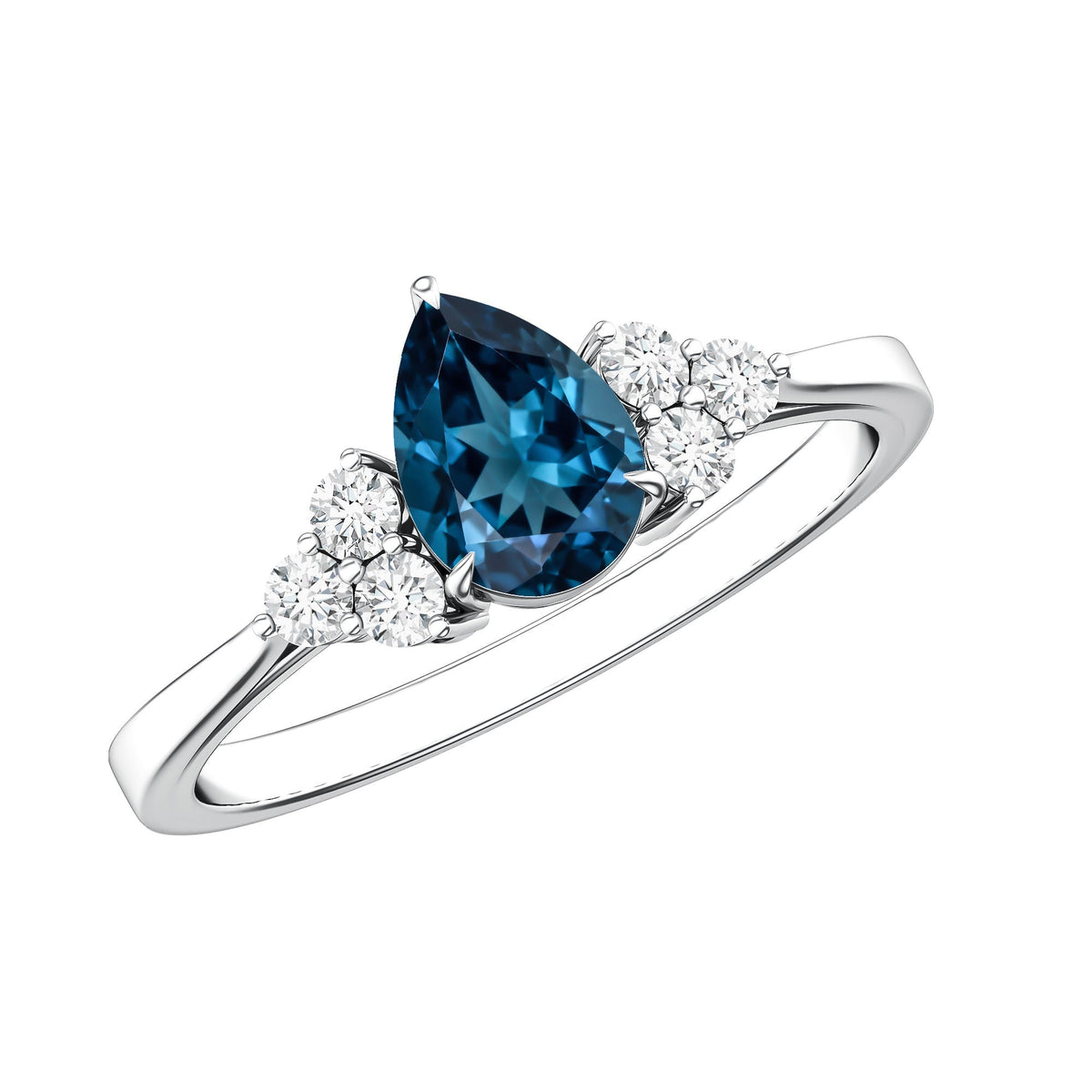 5X7mm Pear Shape London Blue Topaz Engagement Ring with Diamond Trio