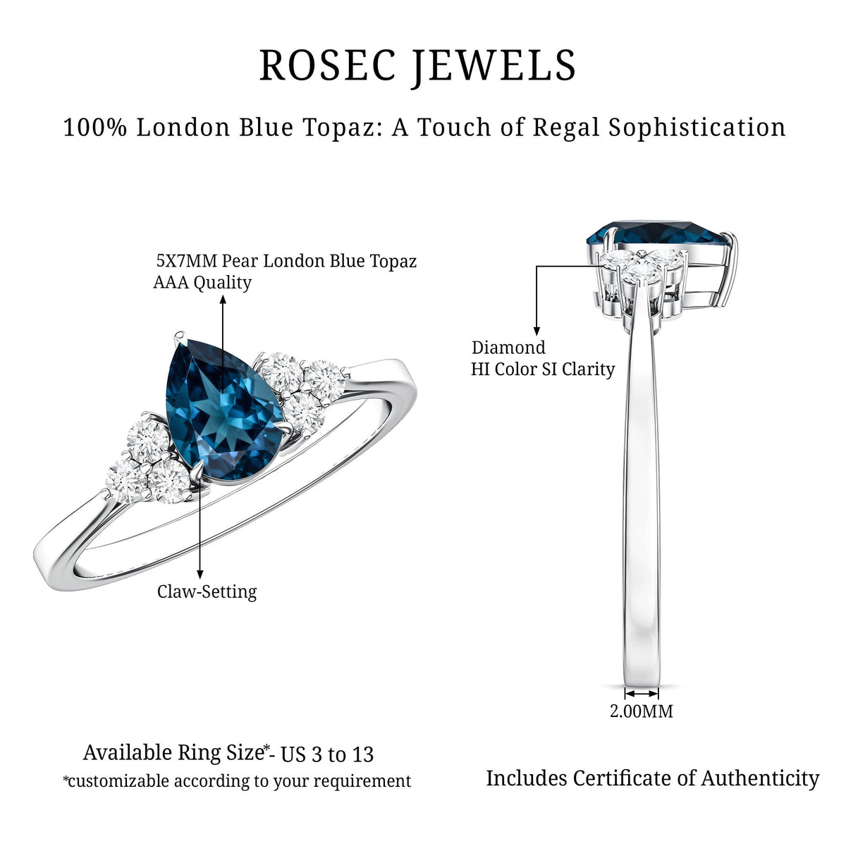 5X7mm Pear Shape London Blue Topaz Engagement Ring with Diamond Trio