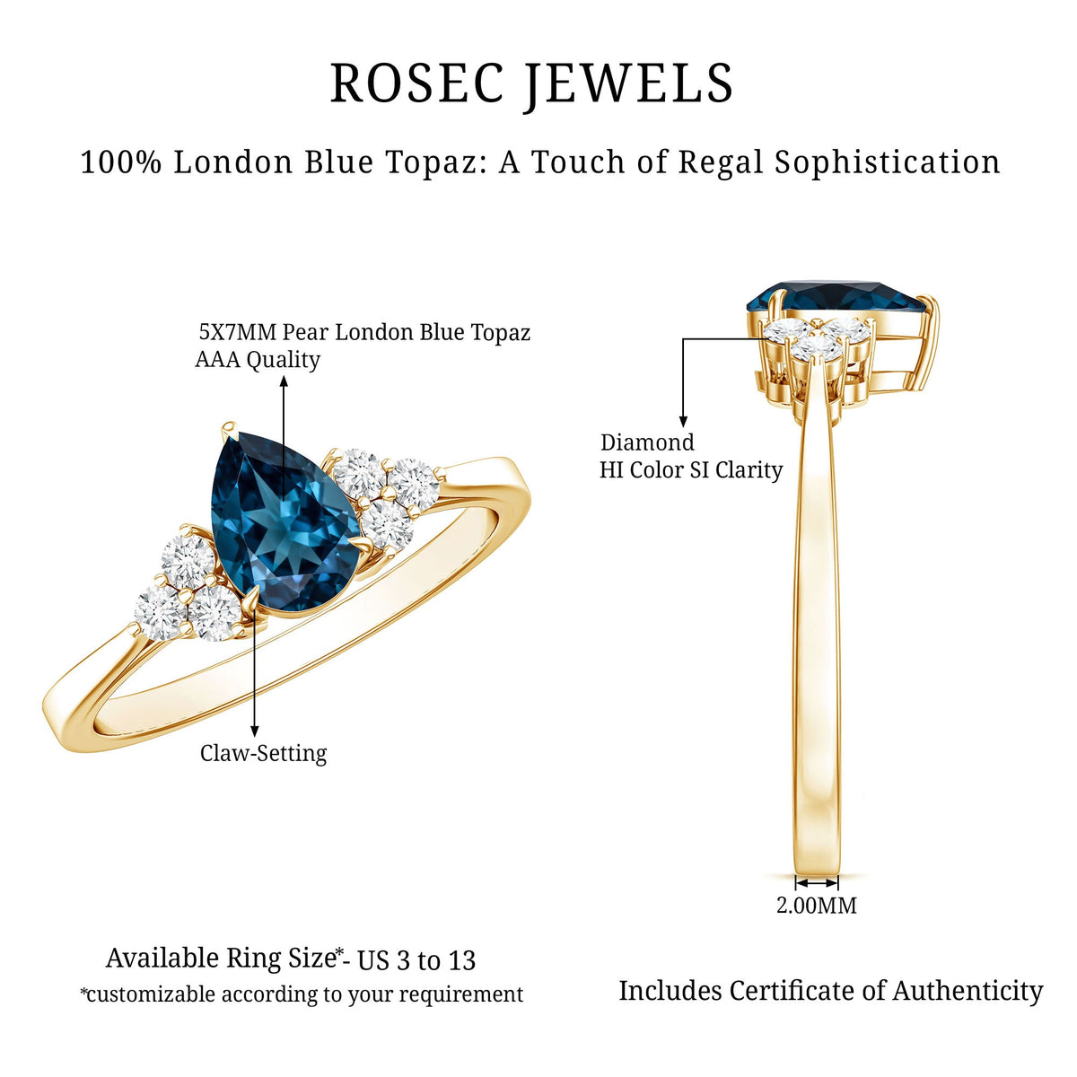 5X7mm Pear Shape London Blue Topaz Engagement Ring with Diamond Trio