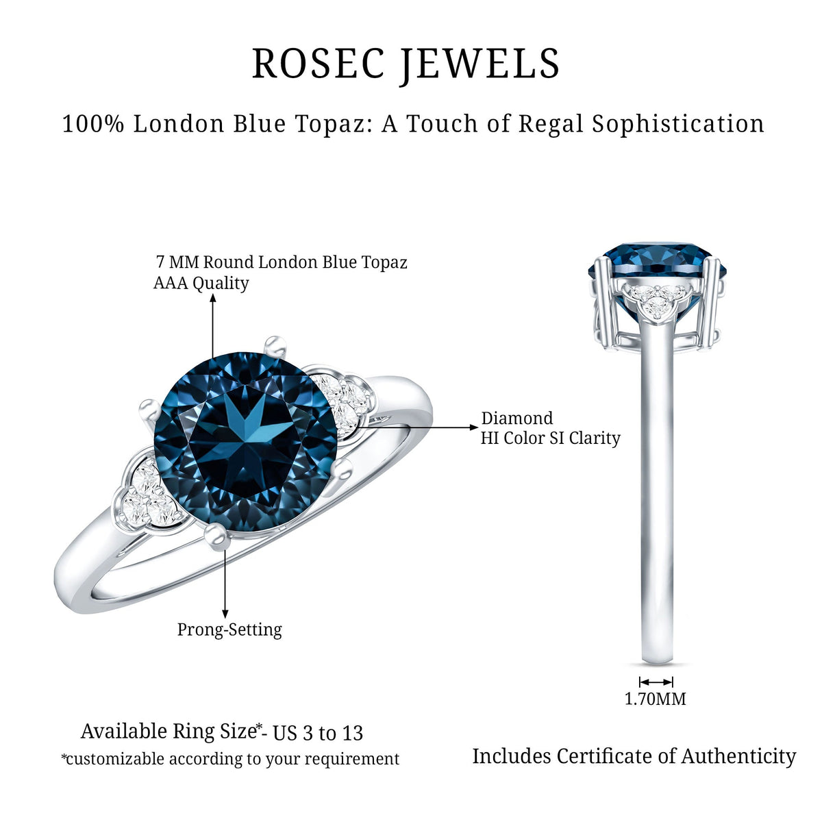 1.3 Carat London Blue Topaz Solitaire Engagement Ring with Diamond Trio