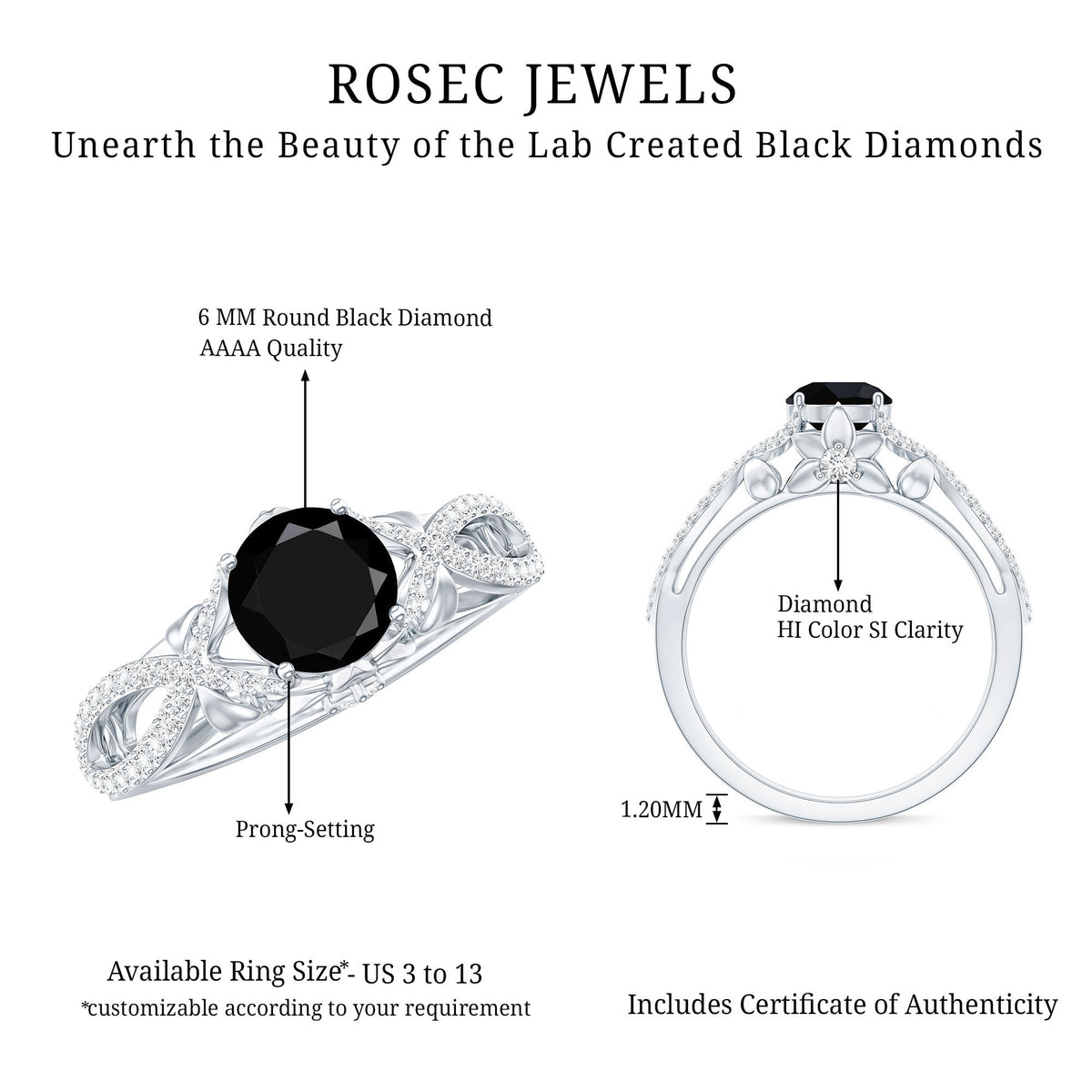 1.3 Carat Lab Grown Black and White Diamond Engagement Ring with Crossover Shank