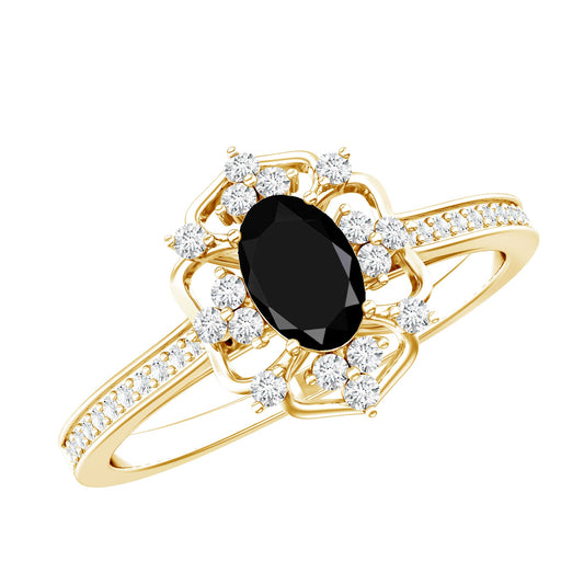 Vintage Looking Black Spinel Oval Engagement Ring with Diamond