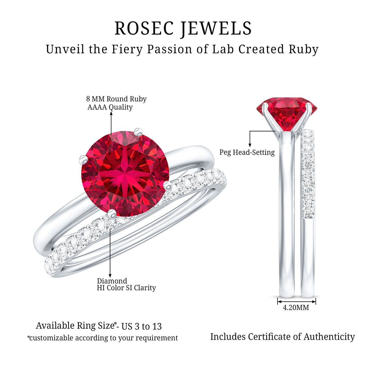 2 Carat Solitaire Created Ruby Wedding Ring Set with Diamond