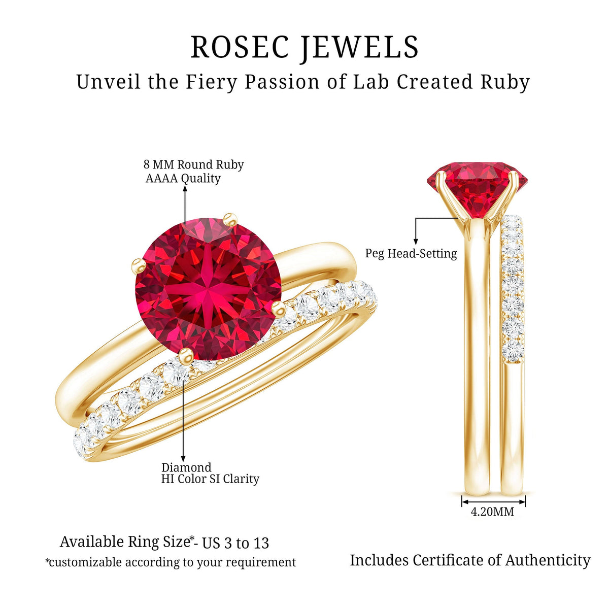 2 Carat Solitaire Created Ruby Wedding Ring Set with Diamond