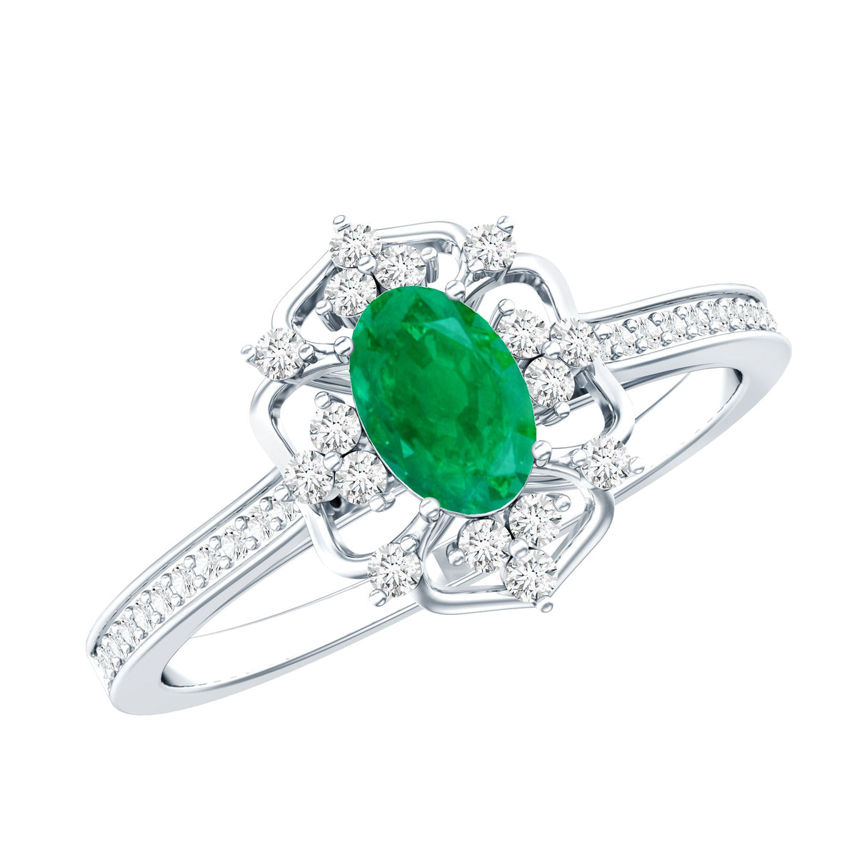 Vintage Style Emerald and Diamond Oval Engagement Ring