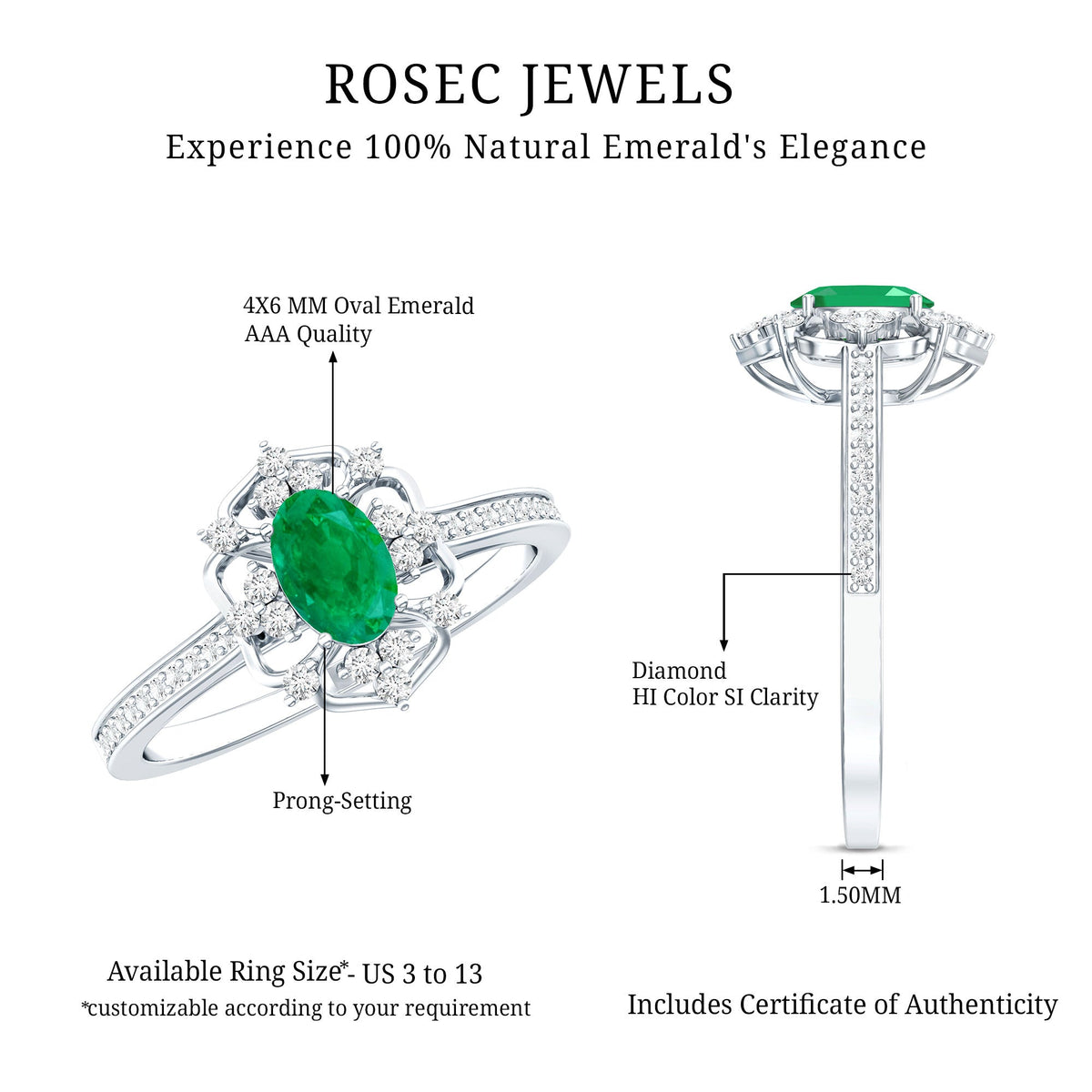 Vintage Style Emerald and Diamond Oval Engagement Ring