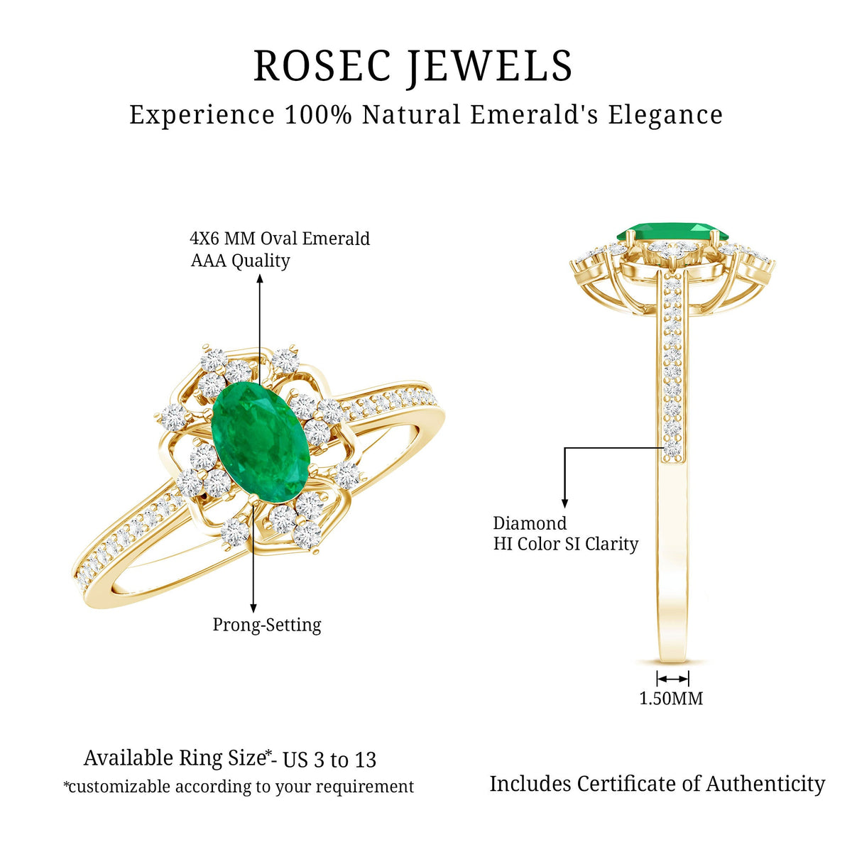 Vintage Style Emerald and Diamond Oval Engagement Ring