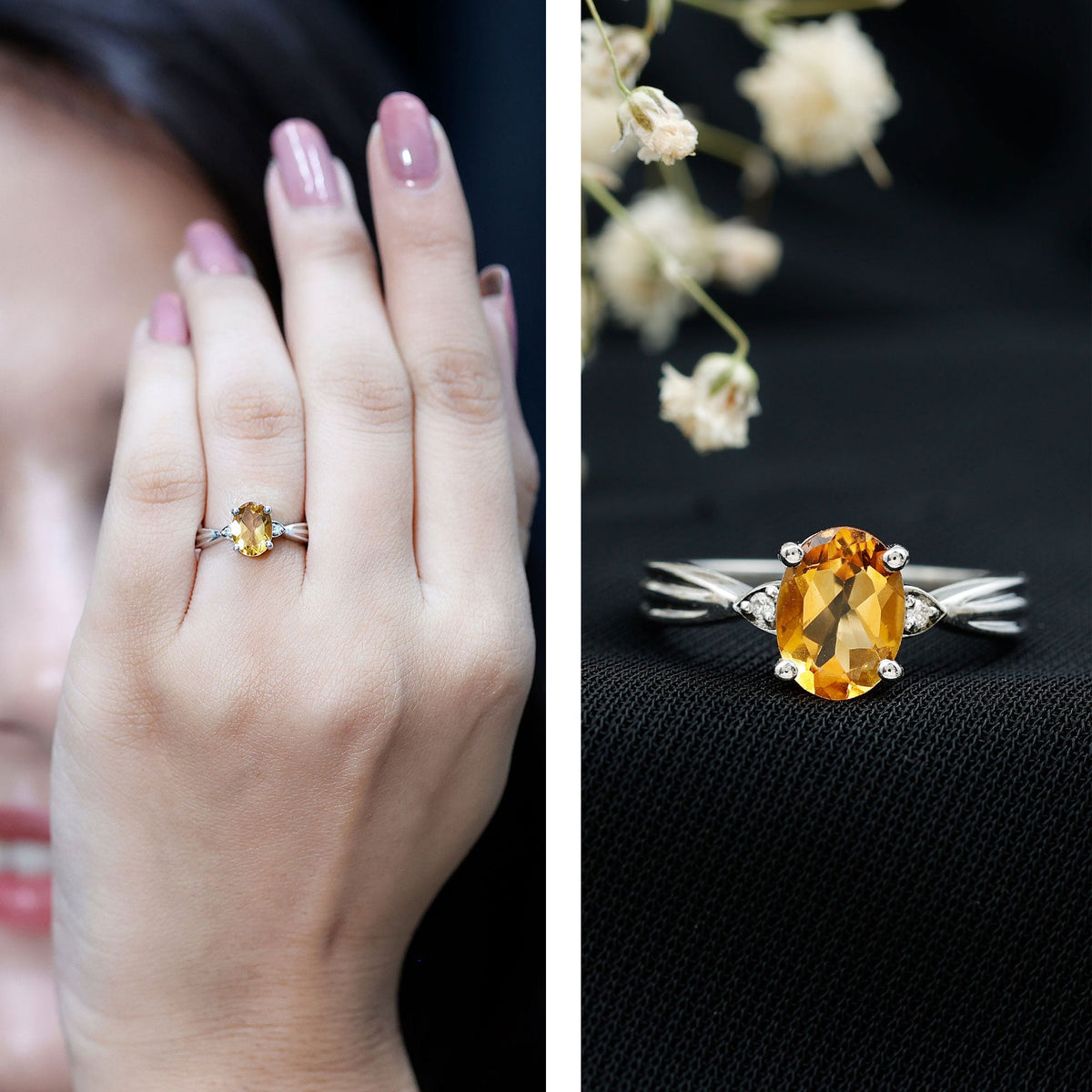 1 Carat Oval Cut Citrine Solitaire Engagement Ring with Diamond