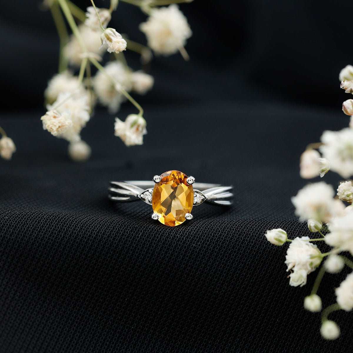 1 Carat Oval Cut Citrine Solitaire Engagement Ring with Diamond