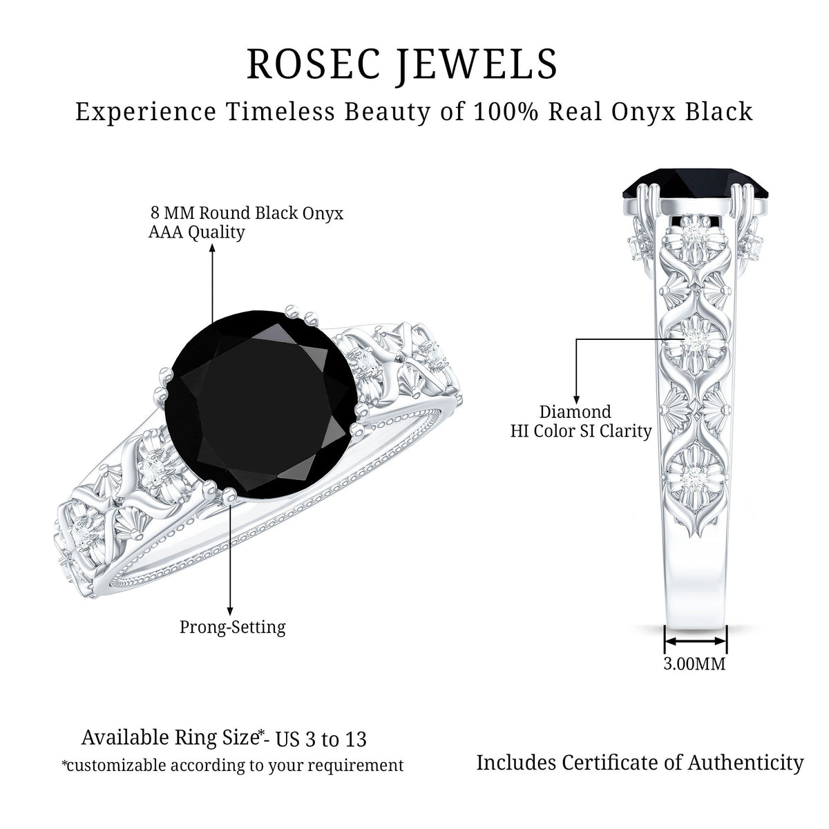 2 Carat Round Black Onyx Solitaire Antique Looking Engagement Ring with Diamond