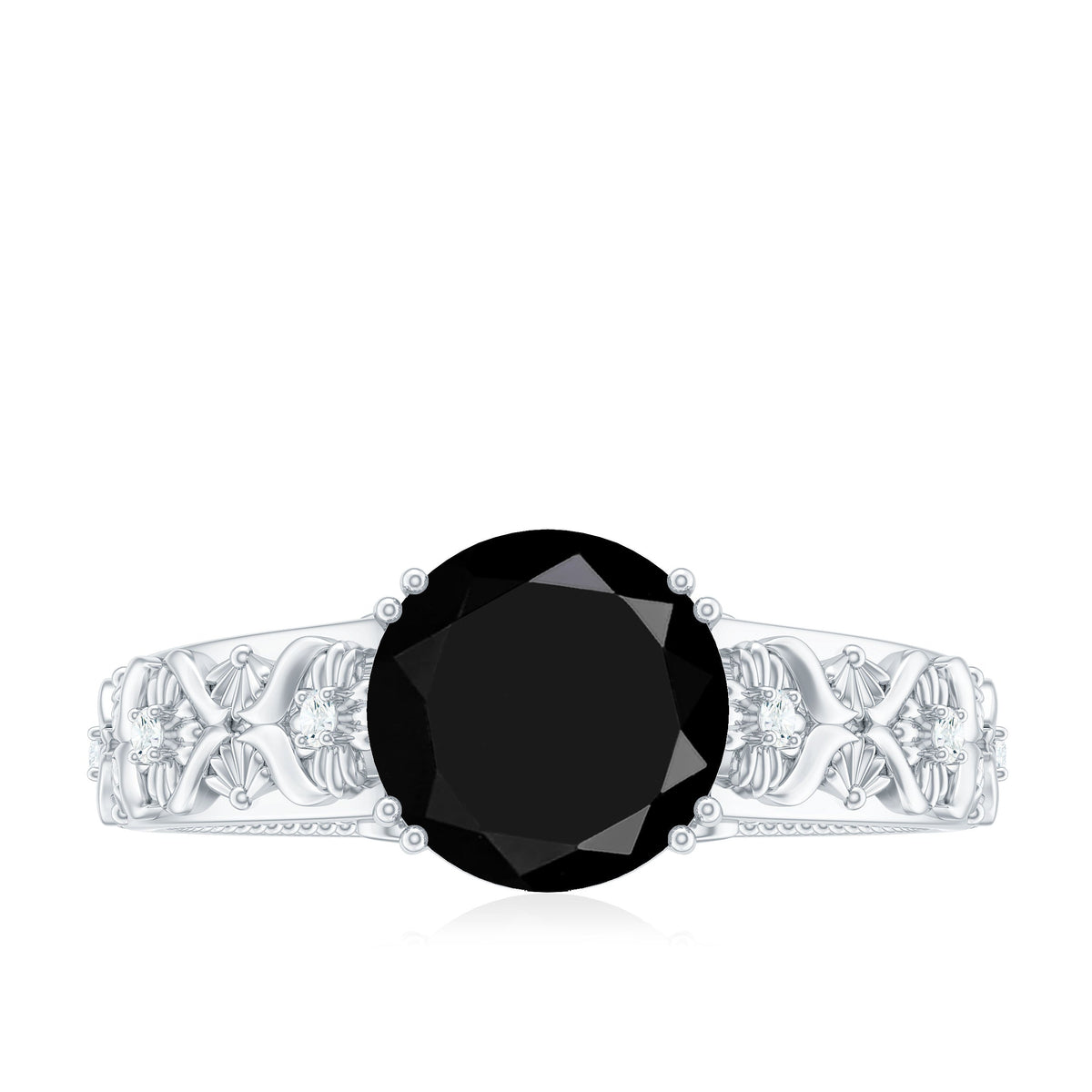 2 Carat Round Black Onyx Solitaire Antique Looking Engagement Ring with Diamond