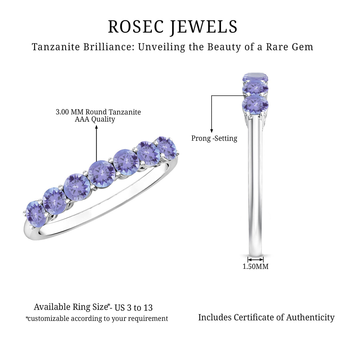 Certified Real Tanzanite Half Eternity Ring for Anniversary